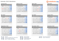 Kalender 2013 mit Ferien und Feiertagen Usbekistan