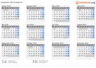Kalender 2014 mit Ferien und Feiertagen Andorra
