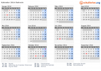 Kalender 2014 mit Ferien und Feiertagen Bahrain