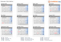 Kalender 2014 mit Ferien und Feiertagen Belize
