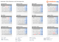 Kalender 2014 mit Ferien und Feiertagen Bosnien und Herzegowina