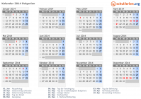 Kalender 2014 mit Ferien und Feiertagen Bulgarien