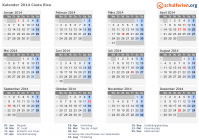 Kalender 2014 mit Ferien und Feiertagen Costa Rica