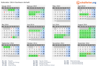 Kalender 2014 mit Ferien und Feiertagen Sachsen-Anhalt