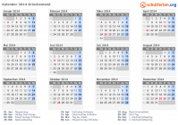 Kalender 2014 mit Ferien und Feiertagen Griechenland