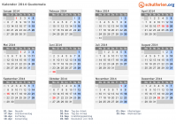 Kalender 2014 mit Ferien und Feiertagen Guatemala