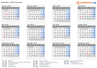 Kalender 2014 mit Ferien und Feiertagen Guyana