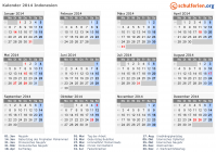Kalender 2014 mit Ferien und Feiertagen Indonesien