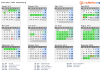 Kalender 2014 mit Ferien und Feiertagen Vorarlberg