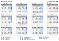 Kalender 2014 mit Ferien und Feiertagen Peru