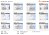Kalender 2014 mit Ferien und Feiertagen Puerto Rico