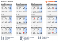 Kalender 2014 mit Ferien und Feiertagen Sambia