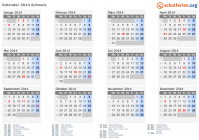 Kalender 2014 mit Ferien und Feiertagen Schweiz