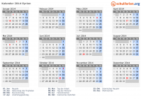 Kalender 2014 mit Ferien und Feiertagen Syrien