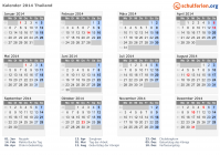 Kalender 2014 mit Ferien und Feiertagen Thailand