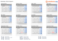 Kalender 2014 mit Ferien und Feiertagen Ungarn