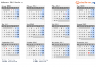Kalender 2015 mit Ferien und Feiertagen Andorra