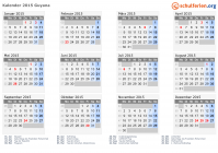 Kalender 2015 mit Ferien und Feiertagen Guyana