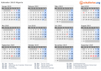 Kalender 2015 mit Ferien und Feiertagen Nigeria