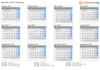 Kalender 2015 mit Ferien und Feiertagen Thailand