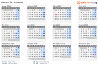 Kalender 2016 mit Ferien und Feiertagen Andorra
