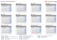 Kalender 2016 mit Ferien und Feiertagen Argentinien
