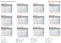 Kalender 2016 mit Ferien und Feiertagen Australien