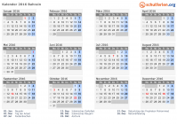 Kalender 2016 mit Ferien und Feiertagen Bahrain