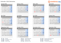 Kalender 2016 mit Ferien und Feiertagen Barbados
