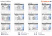 Kalender 2016 mit Ferien und Feiertagen Belize