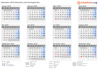 Kalender 2016 mit Ferien und Feiertagen Bosnien und Herzegowina