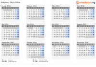 Kalender 2016 mit Ferien und Feiertagen China