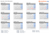 Kalender 2016 mit Ferien und Feiertagen Dänemark
