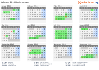 Kalender 2016 mit Ferien und Feiertagen Niedersachsen