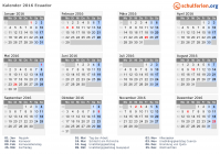 Kalender 2016 mit Ferien und Feiertagen Ecuador