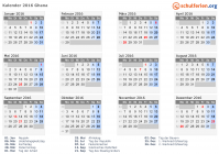 Kalender 2016 mit Ferien und Feiertagen Ghana