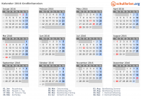 Kalender 2016 mit Ferien und Feiertagen Großbritannien