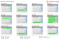 Kalender 2016 mit Ferien und Feiertagen Limburg