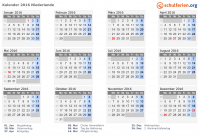 Kalender 2016 mit Ferien und Feiertagen Niederlande