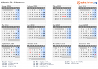 Kalender 2016 mit Ferien und Feiertagen Honduras