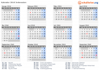 Kalender 2016 mit Ferien und Feiertagen Indonesien