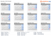 Kalender 2016 mit Ferien und Feiertagen Island