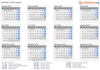 Kalender 2016 mit Ferien und Feiertagen Japan