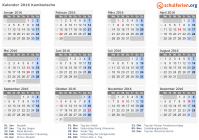 Kalender 2016 mit Ferien und Feiertagen Kambodscha