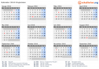 Kalender 2016 mit Ferien und Feiertagen Kirgisistan