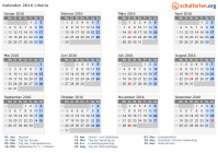 Kalender 2016 mit Ferien und Feiertagen Liberia