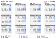 Kalender 2016 mit Ferien und Feiertagen Malawi