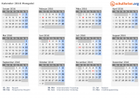 Kalender 2016 mit Ferien und Feiertagen Mongolei