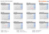 Kalender 2016 mit Ferien und Feiertagen Nicaragua