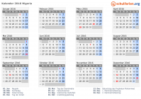 Kalender 2016 mit Ferien und Feiertagen Nigeria